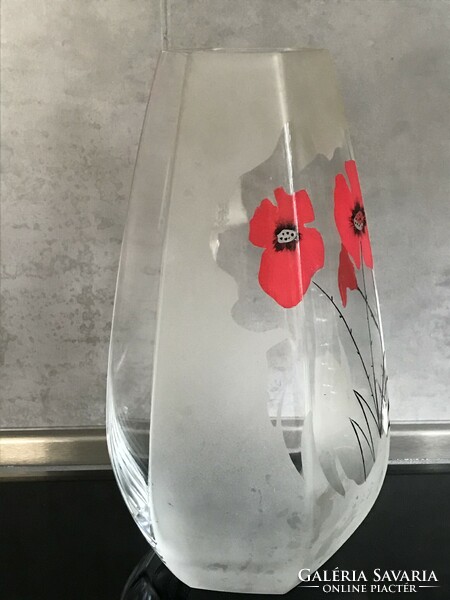 Hatszögletű üvegváza kézzel festett pipacs mintàval, 30 cm magas
