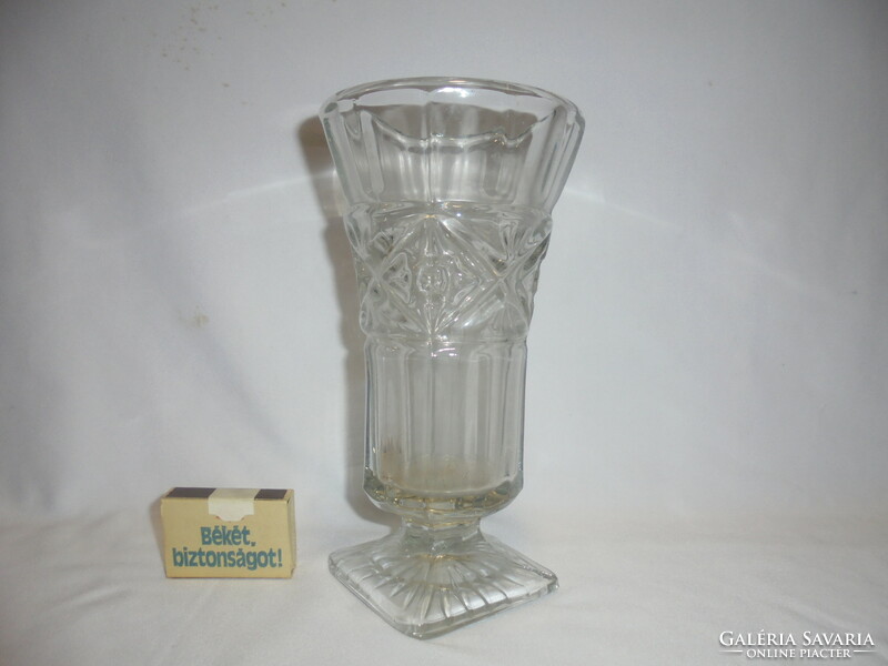 Old glass vase with embossed decorations - thick walled, embossed decoration, square base - Czechoslovakia ?