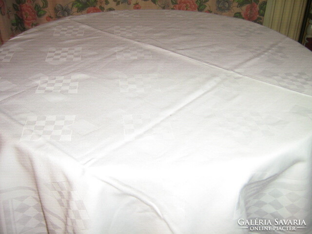 Beautiful antique snow white checkered monogrammed damask tablecloth