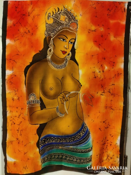 Shirtless Hindu woman, batik mural painted on Indian canvas from India
