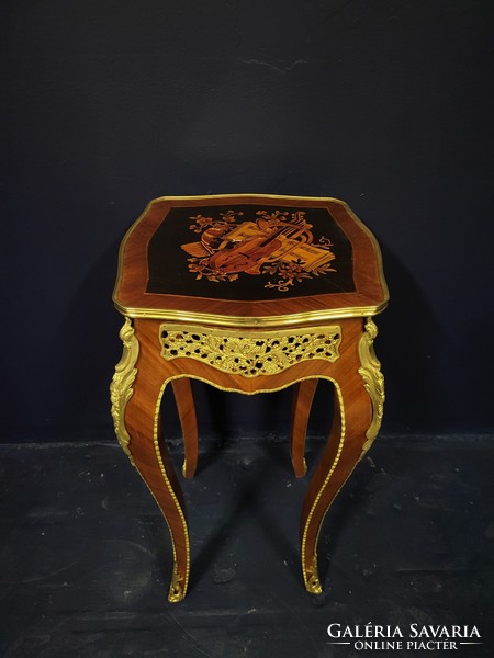 Inlaid coffee table, representation of a musical instrument