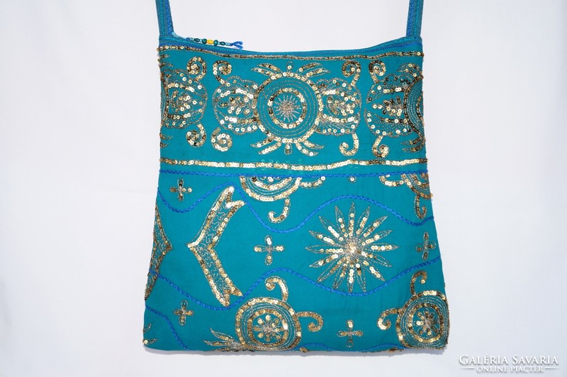 Turquoise Gold Floral Indian Sari Hand Embroidered Medium Sequin Shoulder Bag for Women