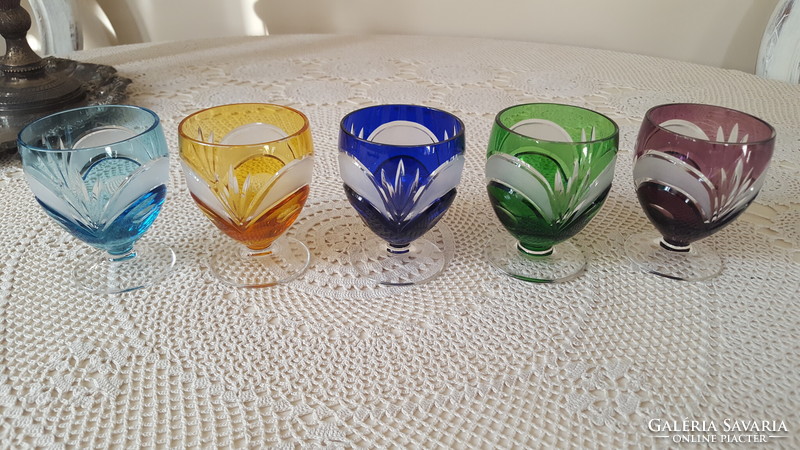 Engraved, etched colored crystal glasses 5 pcs.