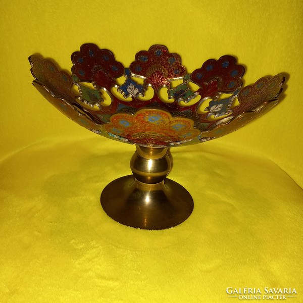 Copper, base, with an openwork pattern, colorful table offering, fruit bowl.