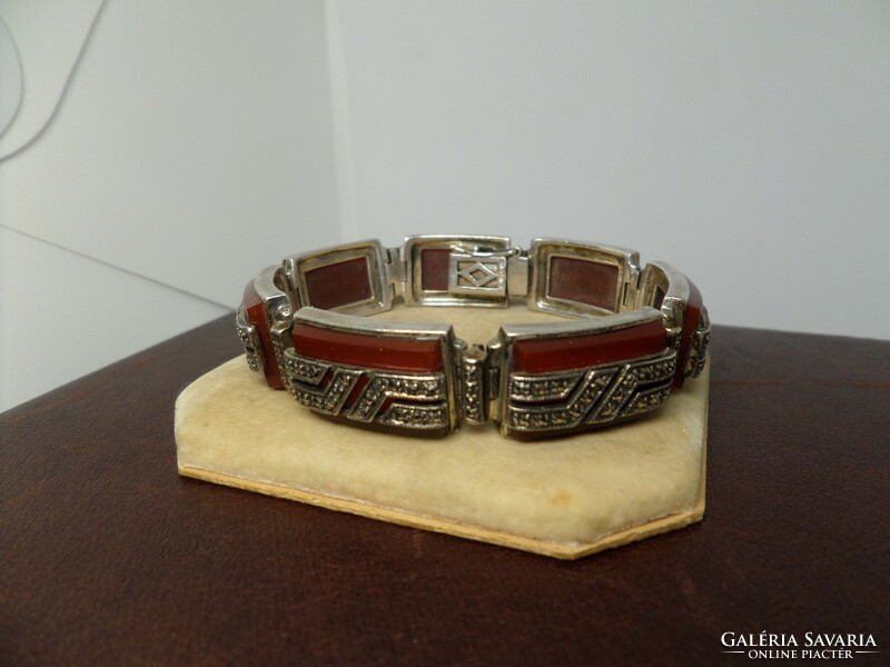 Silver bracelet / bracelet with brown agate and marcasite