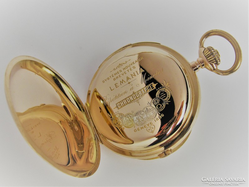 Rarity, antique, Lemania pocket watch with quarter strike - stopwatch - minute strike 14k gold