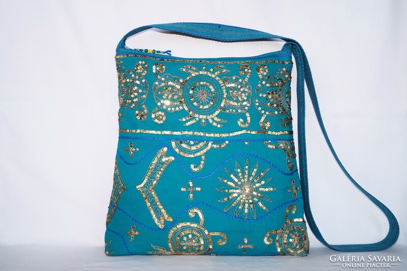 Turquoise Gold Floral Indian Sari Hand Embroidered Medium Sequin Shoulder Bag for Women