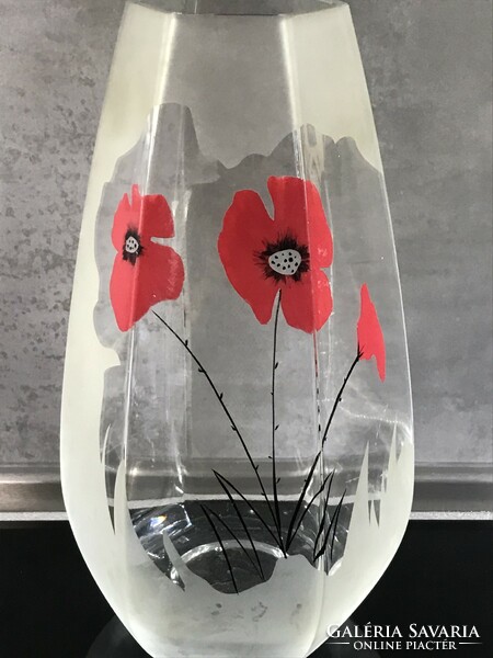 Hexagonal glass vase with a hand-painted poppy pattern, 30 cm high