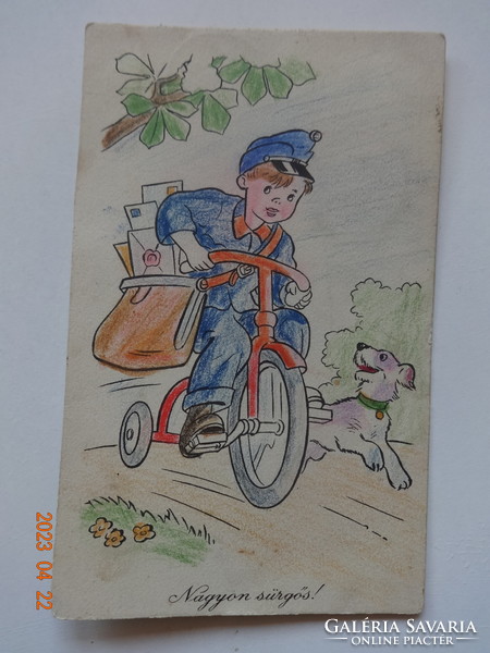 Régi grafikus humoros képeslap: "Nagyon sürgős" - Macskássy János rajz