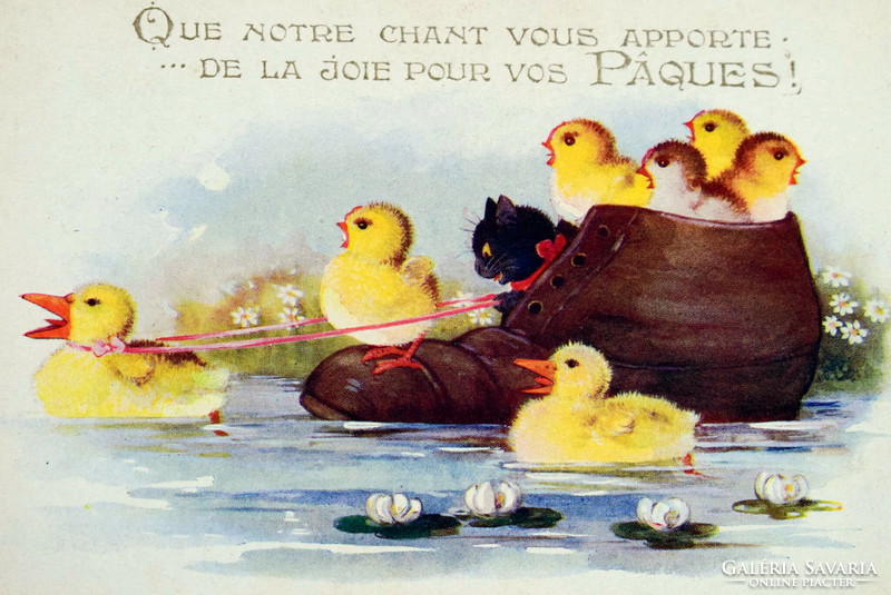 Régi  Húsvéti  üdvözlő képeslap - kacsa csibék cica cipőcsónak   1921ből