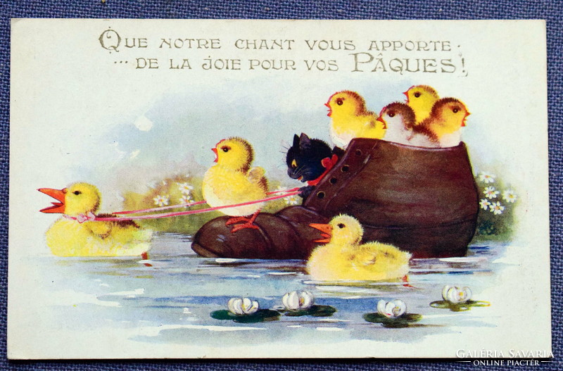 Régi  Húsvéti  üdvözlő képeslap - kacsa csibék cica cipőcsónak   1921ből
