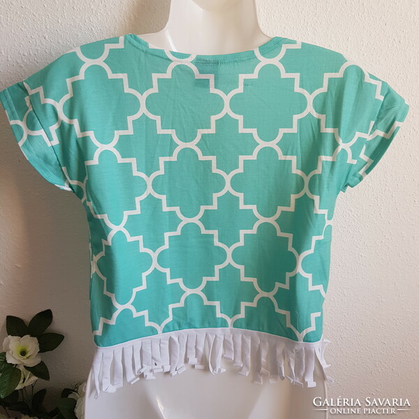 New s size turquoise morocco pattern fringed bolero with short sleeves