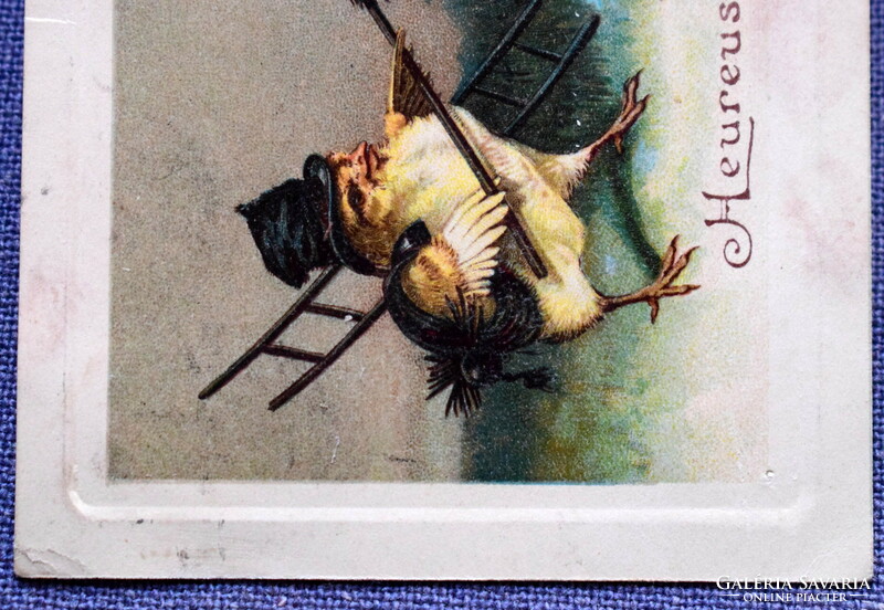 Antique Easter postcard - chimney sweep chick knocks the egg bowl off the chef chick's head from 1910
