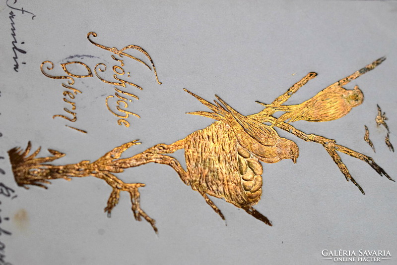 Antique gold embossed Easter greeting card - birds, nest, branch from 1905