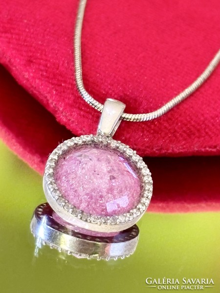 Káprázatos ezüst nyaklánc és Medál, Pink kristály és cirkónia kövekkel ékesítve