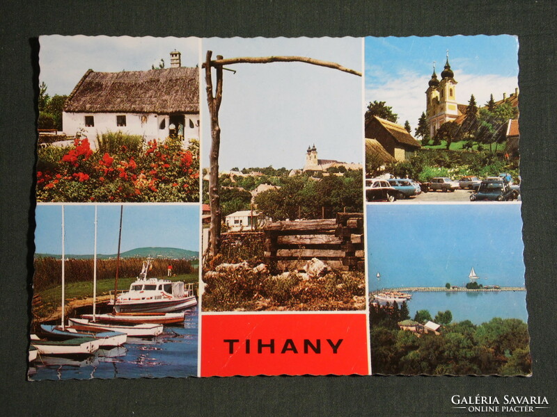 Postcard, Balaton Tihany, mosaic details, abbey church skyline, harbor, pier, country house