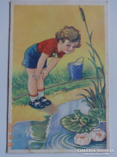 Régi grafikus postatiszta képeslap: békát néző fiú -  Tury József rajz