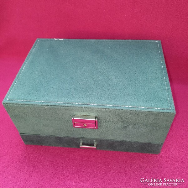 Lockable jewelry box with many drawers.