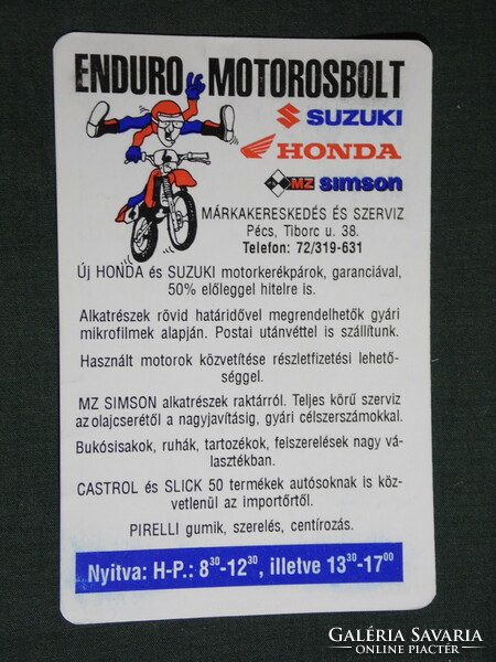 Kártyanaptár, Enduro motorosbolt,MZ ,Simson kereskedés szerviz,Pécs,grafikai rajzos, 1999, (6)