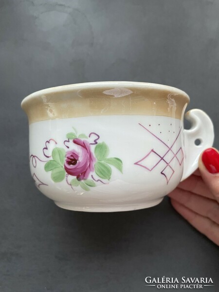 Old, thick-walled stoneware cup, coma mug Viennese rose, luster