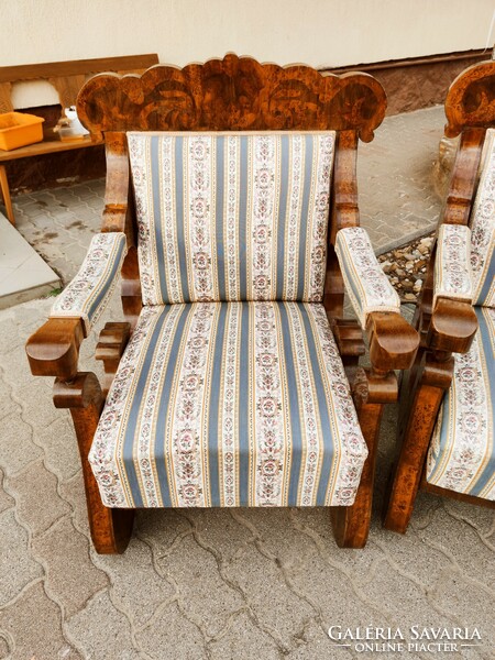 150-year-old, beautiful, restored, inlaid, removable Biedermeier set - 2 armchairs + 1 sofa