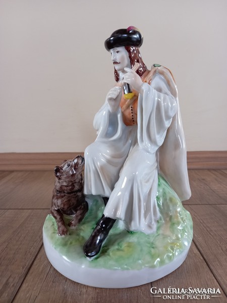 Old Zsolnay flute-playing shepherd with his dog porcelain figure