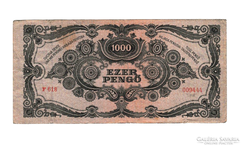 1945 - One thousand pengő banknote - f 618 - with red dezma stamp