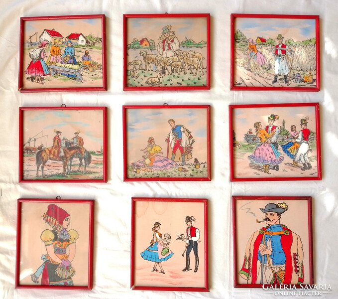 Kézzel festett antik selyemkép sorozat népviselet életkép aratás pásztor népművészet csikós puszta