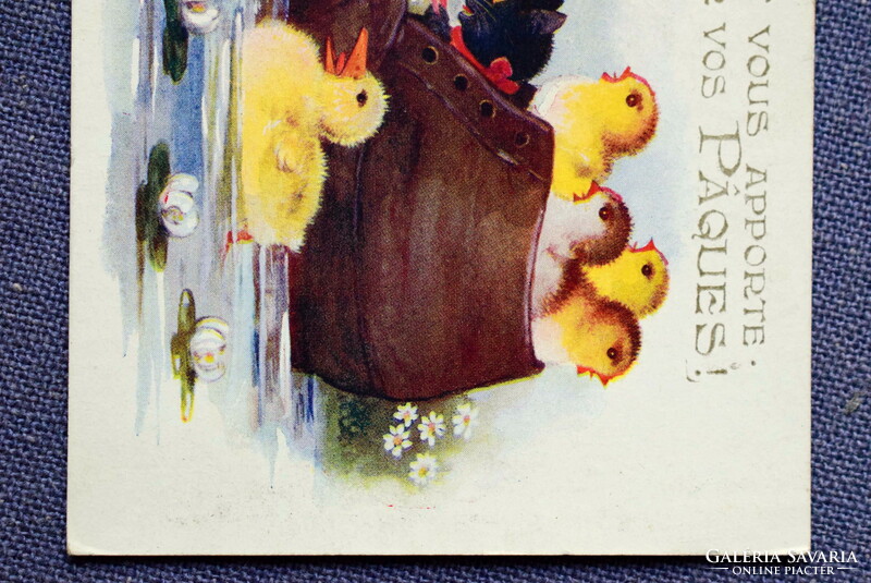 Old Easter greeting card - duck chicks kitten shoe boat from 1921