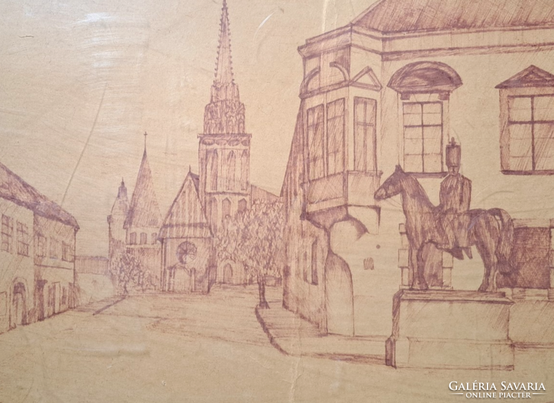 Buda Castle - Matthias Church with equestrian statue (42x52 cm) felt-tip pen, felt-tip drawing