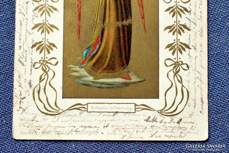 Antique gold background postcard - angel with trombone from 1902