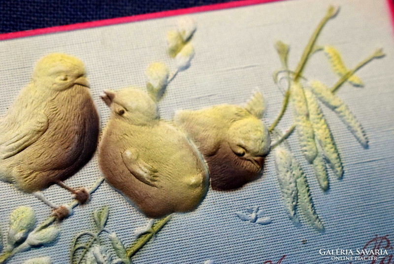 Antique embossed Easter greeting card - chicks, barnacles and hazelnut branch from 1910