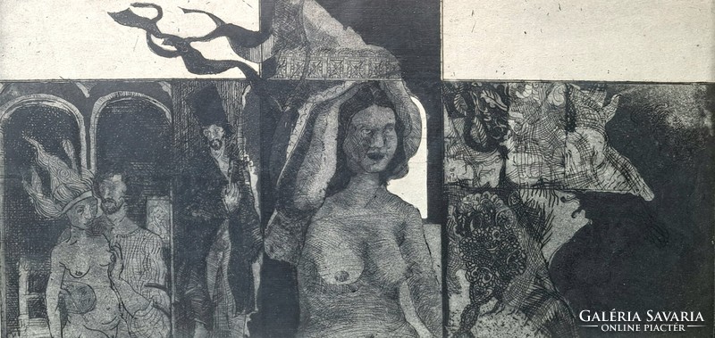Nude etching 1971 - signed ... Miklós (unidentified) scene with nude, still life