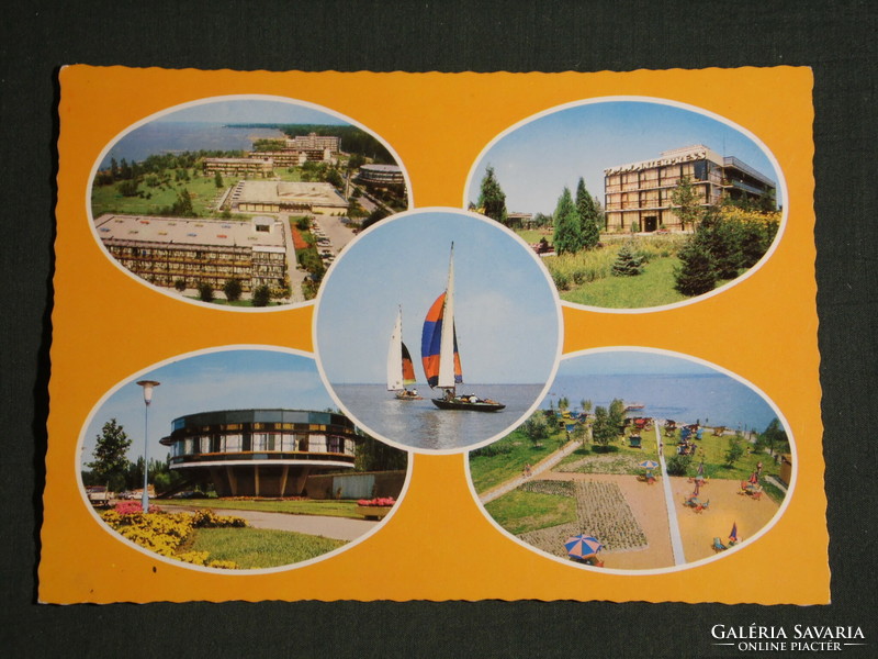 Postcard, Balatonszeplak, mosaic details, interpress hotel, orion bar, view, sailing, beach