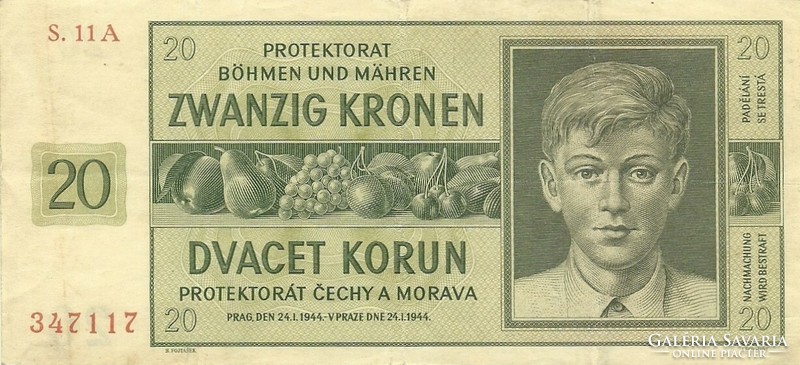 20 korun korona kronen 1944 Cseh Morva Protectorátus 2.