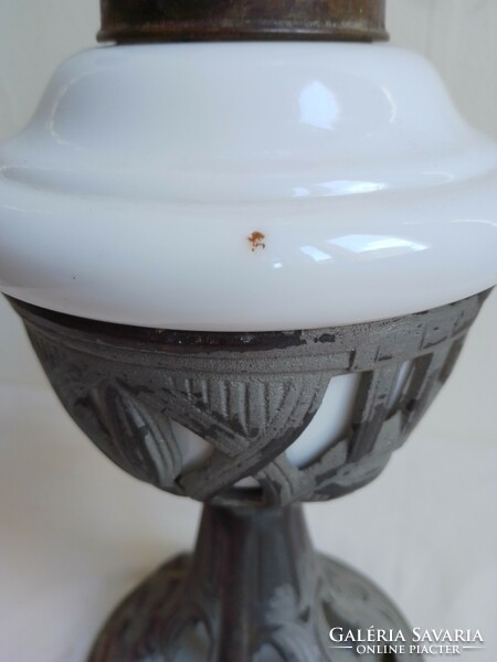 Antique Old Table Kerosene Lamp Round Openwork Art Nouveau Cast Iron Base White Milk Glass Tank 50c