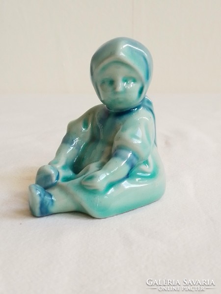 Old earthenware blue turquoise base glaze Zsolnay ceramic figure Sincó András Annuska sitting little girl