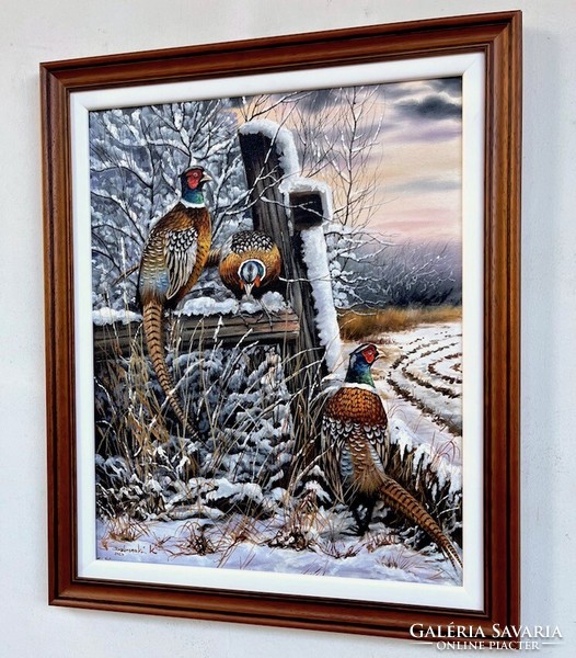Dabronak pheasants in winter framed oil on canvas 60x50cm