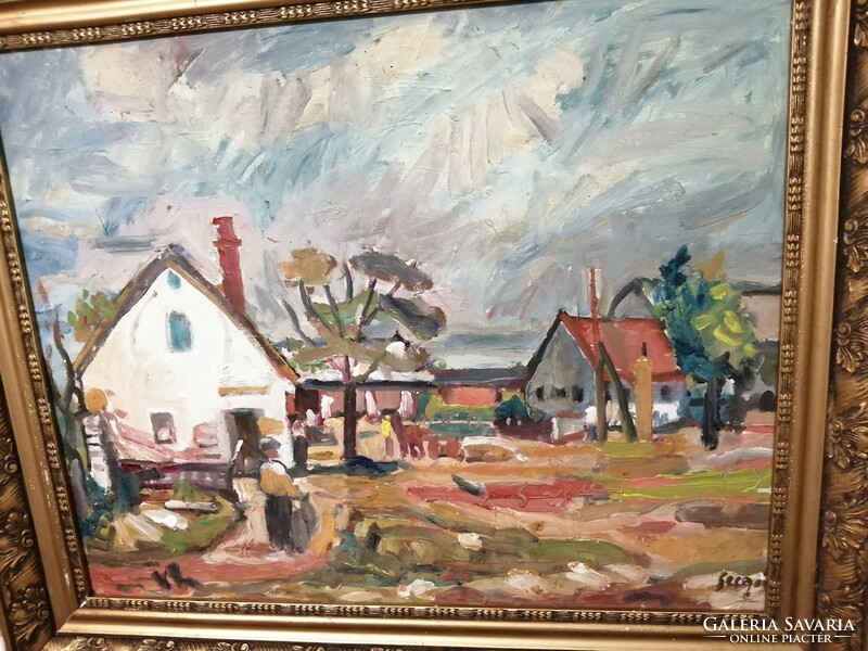 Gyula Sugár: picture of village life - a beautiful, original painting in a wonderful frame.