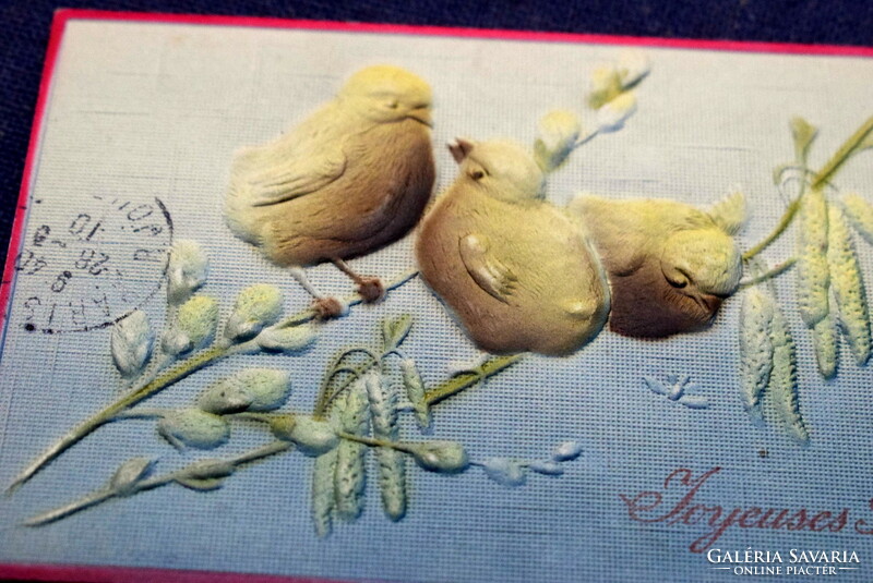Antique embossed Easter greeting card - chicks, barnacles and hazelnut branch from 1910