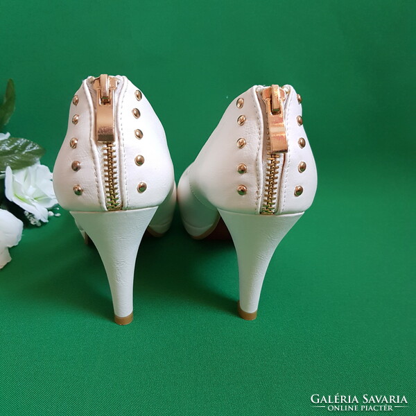 New 37 Platform Studded White Bridal Casual High Heels Leather Shoes With Zipper Decoration