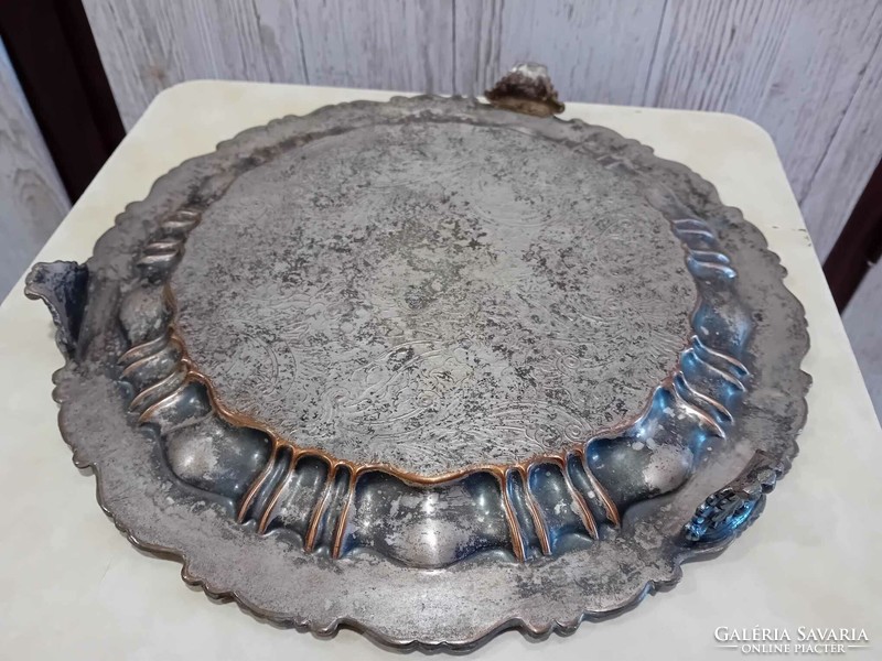 Antique silver-plated copper three-legged tray, offering