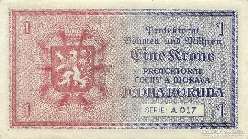 1 korun korona koruna krone 1940 Cseh Morva Protektorátus 4. Hajtatlan
