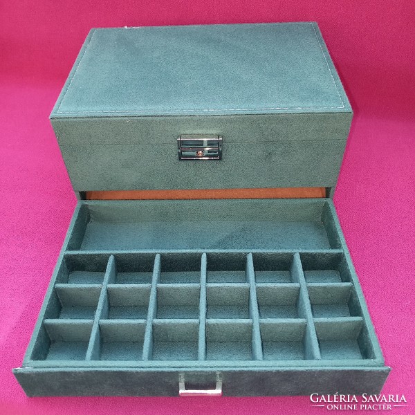 Lockable jewelry box with many drawers.