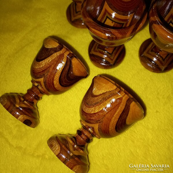 6 wooden, inlaid, soft-boiled egg holders with feet, small cups for offering eggs.