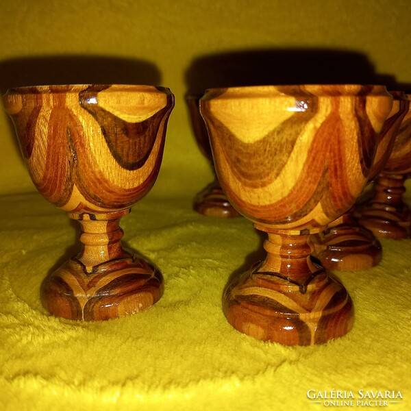 6 wooden, inlaid, soft-boiled egg holders with feet, small cups for offering eggs.