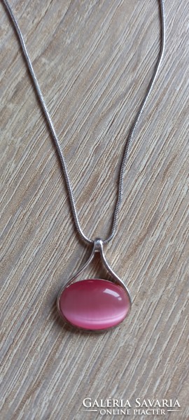 Pink cat's eye stone pendant and chain