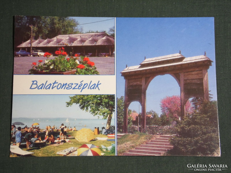 Postcard, Balatonszéplak, mosaic details, Piroska tavern, beach, Székely gate