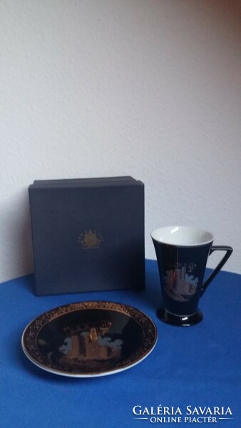 Haas & czjzek original cobalt gilded porcelain coffee / tea cup - plate set Baku skyline