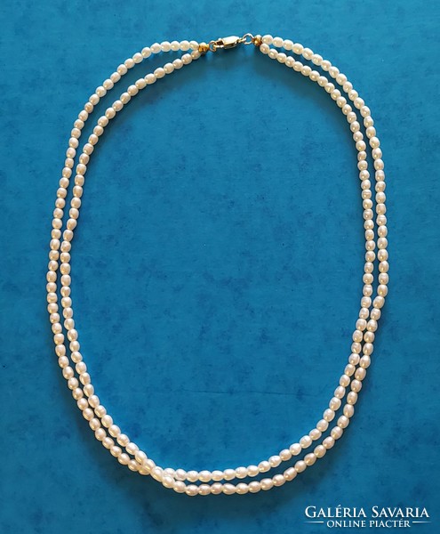 Beautiful two-row genuine cultured pearl necklace with gold-plated silver fittings